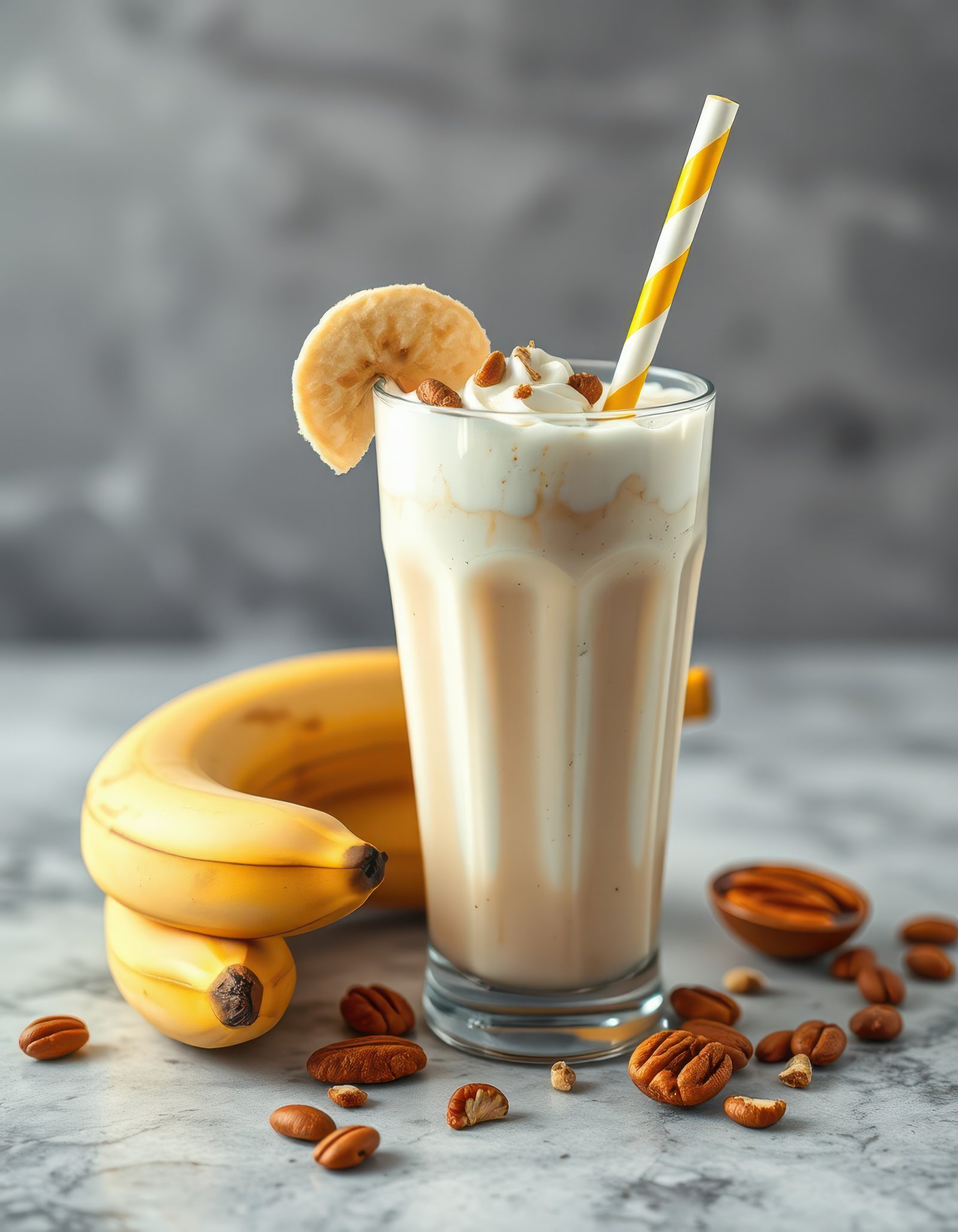 Smooth banana beverage topped with whipped cream and nuts, served with fresh bananas on a marble surface